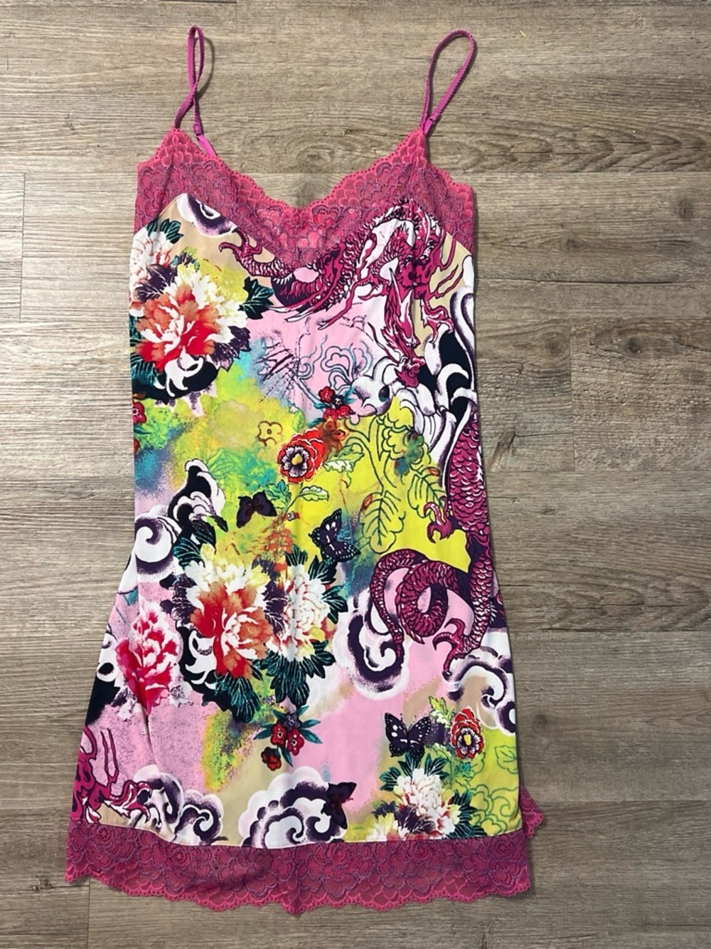 Josie vintage Y2K pink floral dragon print babydoll chemise slip dress size s - Picture 3 of 6